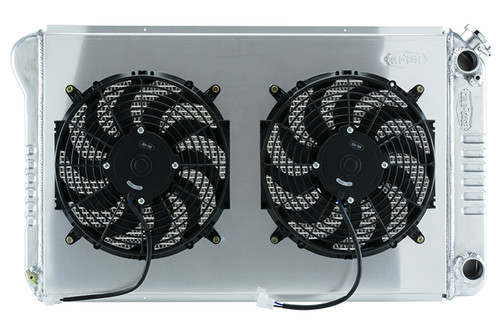 Radiator and Fan - 33.203 in W x 19 in H x 3 in D - Passenger Side Inlet - Passenger Side Outlet - Aluminum - Polished - Automatic - GM LS-Series - GM F-Body 1970-81 - Kit