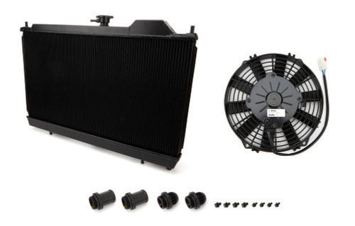 Radiator - 27 in W x 14.75 in H x 1.25 in D - Single Pass - Driver Side Inlet - Driver Side Outlet - Fan / Shroud Included - Aluminum - Black Powder Coat - Mitsubishi Lancer 2003-06 - Each