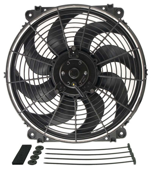 Electric Cooling Fan - Tornado - 14 in Fan - Push / Pull - 1350 CFM - 12V - Curved Blade - 14 x 14.5 in - 3.25 in Thick - Install Kit - Plastic - Kit