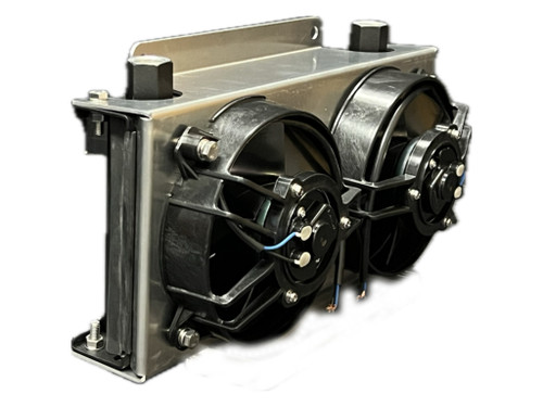 Fluid Cooler and Fan - E-Line - 13 x 7.7 x 2 in - Plate Type - 10 AN Female O-Ring Inlet / Outlet - Aluminum - Black Paint - Universal - Each Fluid Cooler and Fan - E-Line - 13 x 7.7 x 2 in - Plate Type - 10 AN Female O-Ring Inlet / Outlet - Aluminum - Black Paint - Universal - Each
