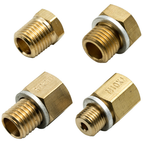 Fitting - Adapter - Straight - 1/8 in NPT Female to 10 mm x 1.00 Male / 12 mm x 1.50 Male / 14 mm 1.50 Male / 1/4 in NPT Male - Brass - Natural - Oil Pressure Fittings - Kit Fitting - Adapter - Straight - 1/8 in NPT Female to 10 mm x 1.00 Male / 12 mm x 1.50 Male / 14 mm 1.50 Male / 1/4 in NPT Male - Brass - Natural - Oil Pressure Fittings - Kit