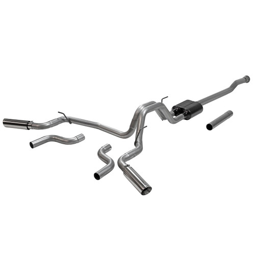 Exhaust System - American Thunder - Cat-Back - 3 in Diameter - Dual Rear / Side Exit - 3.5 in Polished Tips - Stainless - Natural - Ford Fullsize Truck 2021-22 - Kit