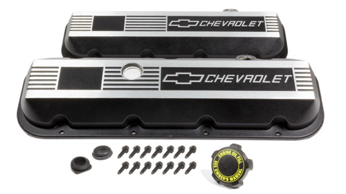 Valve Cover - Custom - Stock Height - Finned - Breather Hole - Hardware Included - Grommets - Chevrolet Logo - Aluminum - Black / Brushed - Big Block Chevy - Pair