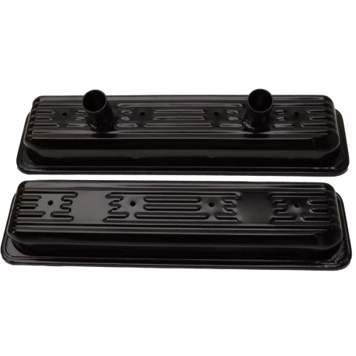 Valve Cover - Circle Track - Stock Height - Ribbed - Breather Tubes - Steel - Black Paint - Center Bolt - Small Block Chevy - Pair Valve Cover - Circle Track - Stock Height - Ribbed - Breather Tubes - Steel - Black Paint - Center Bolt - Small Block Chevy - Pair