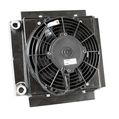Fluid Cooler and Fan - 12.06 x 12.47 x 6.39 in - Plate Type - 1/2 in NPT Female Inlet / Outlet - Aluminum - Black Powder Coat - Universal - Each