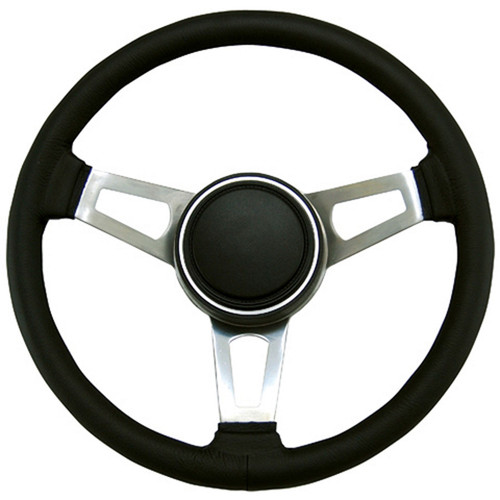 Steering Wheel - Classic Nostalgia - 14.625 in Diameter - 1.5 in Dish - 3-Spoke - Black Leather Grip - Steel - Nickel Plated - Each