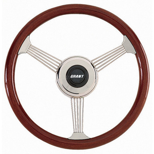 Steering Wheel - Banjo - 14.75 in Diameter - 3.5 in Dish - 3-Spoke - Mahogany - Wood Grip - Stainless - Polished - Each Steering Wheel - Banjo - 14.75 in Diameter - 3.5 in Dish - 3-Spoke - Mahogany - Wood Grip - Stainless - Polished - Each