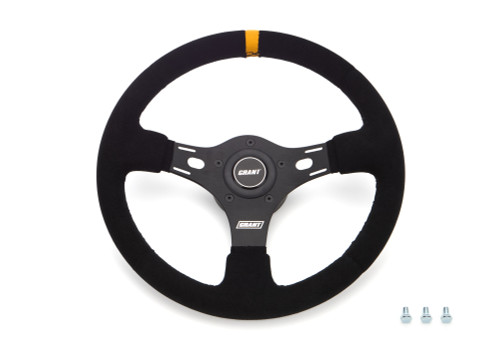 Steering Wheel - 12.625 in Diameter - 1 in Dish - 3-Spoke - Black Suede Grip - Yellow Stripe - Aluminum - Black Anodized - Each