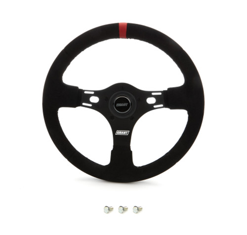 Steering Wheel - 12.625 in Diameter - 1 in Dish - 3-Spoke - Black Suede Grip - Red Stripe - Aluminum - Black Anodized - Each