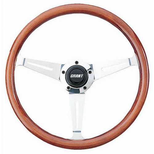 Steering Wheel - Collectors Edition - 14.5 in Diameter - 3.5 in Dish - 3-Spoke - Walnut - Wood Grip - Aluminum - Polished - Each