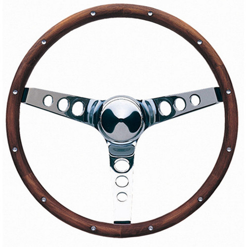 Steering Wheel - Classic Wood - 13.5 in Diameter - 3.75 in Dish - 3-Spoke - Walnut - Wood Grip - Steel - Chrome - Each