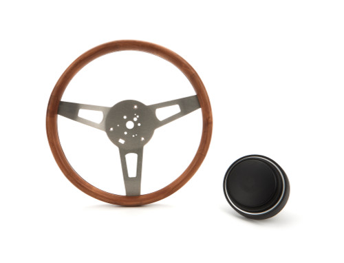 Steering Wheel - Classic Nostalgia - 15 in Diameter - 1.75 in Dish - 3-Spoke - Wood Grip - Stainless - Satin - Each