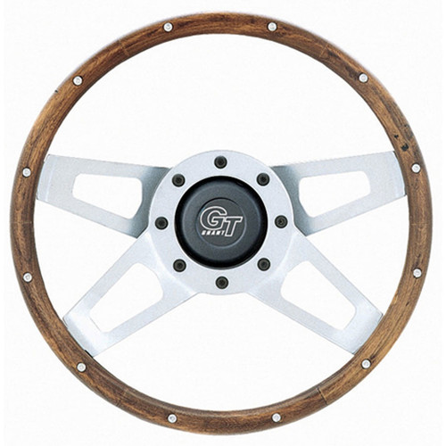 Steering Wheel - Challenger Series - 13.5 in Diameter - 2.25 in Dish - 4-Spoke - Walnut - Wood Grip - Steel - Silver Paint - Each