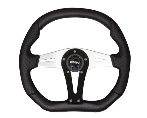 Steering Wheel - D-Series - 13.75 x 11.75 in Diameter - D-Shaped - 1.5 in Dish - 3-Spoke - Black Polyurethane Grip - Black Center Spoke - Aluminum - Clear Anodized - Each