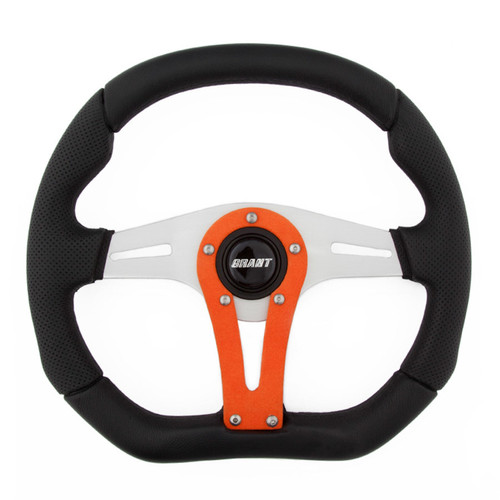 Steering Wheel - D-Series - 13.75 x 11.75 in Diameter - D-Shaped - 1.5 in Dish - 3-Spoke - Black Polyurethane Grip - Orange Center Spoke - Aluminum - Clear Anodized - Each