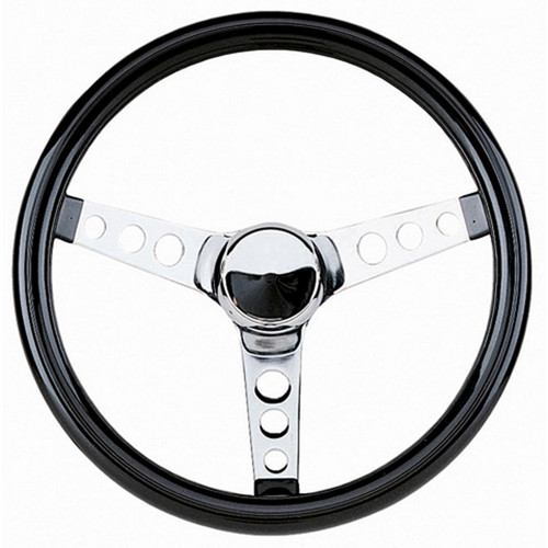 Steering Wheel - Classic Crusin - 13.5 in Diameter - 3.5 in Dish - 3-Spoke - Black Vinyl Grip - Steel - Chrome - Each