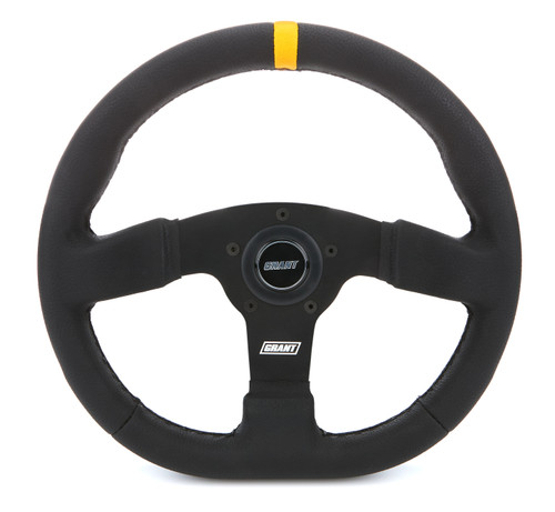 Steering Wheel - Performance Flat Bottom - 13 x 12.25 in Diameter - D-Shaped - 1 in Dish - 3-Spoke - Black Vinyl Grip - Yellow Stripe - Aluminum - Black Anodized - Each