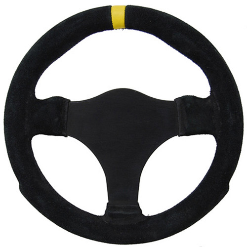 Steering Wheel - 11 in Diameter - Flat - 3-Spoke - Black Suede Grip - Yellow Stripe - Aluminum - Black Anodized - Each Steering Wheel - 11 in Diameter - Flat - 3-Spoke - Black Suede Grip - Yellow Stripe - Aluminum - Black Anodized - Each