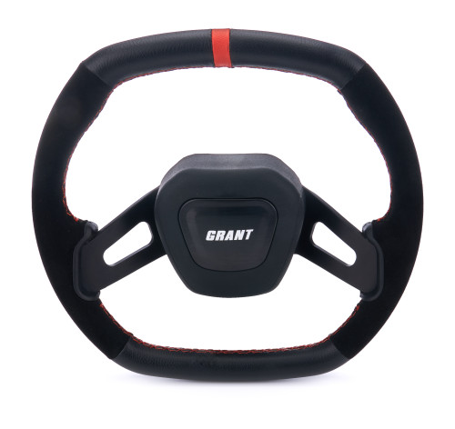 Steering Wheel - Performance Series - 13.7 x 12.7 in Diameter - 1 in Dish - 2-Spoke - Black Leather / Suede Grip - Orange Stripe - Aluminum - Black Anodized - Each