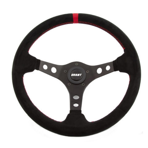 Steering Wheel - Suede Series - 13.75 in Diameter - 3.5 in Dish - 3-Spoke - Black Suede Grip - Red Stripe - Aluminum - Black Anodized - Each
