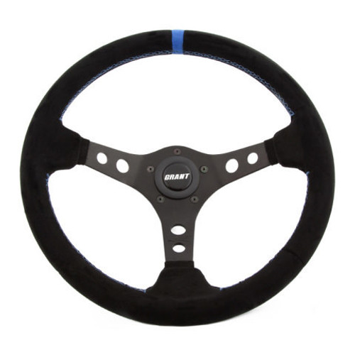 Steering Wheel - Suede Series - 13.75 in Diameter - 3.5 in Dish - 3-Spoke - Black Suede Grip - Blue Stripe - Aluminum - Black Anodized - Each