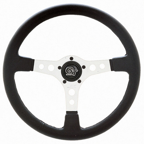 Steering Wheel - Formula GT - 14 in Diameter - 3.5 in Dish - 3-Spoke - Black Vinyl Grip - Aluminum - Silver Anodized - Each