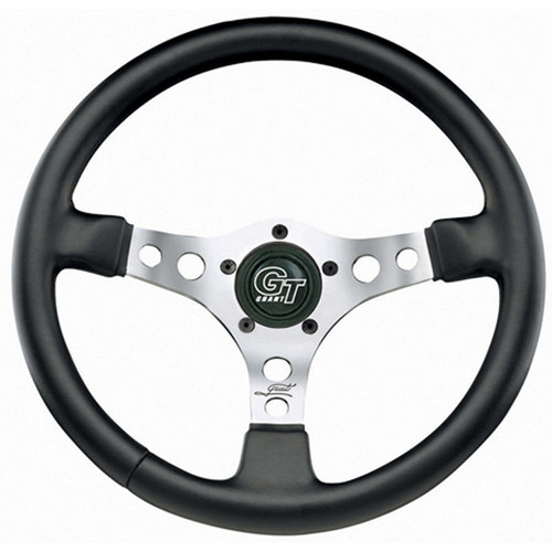 Steering Wheel - Formula GT - 14 in Diameter - 3.5 in Dish - 3-Spoke - Black Vinyl Grip - Aluminum - Polished - Each