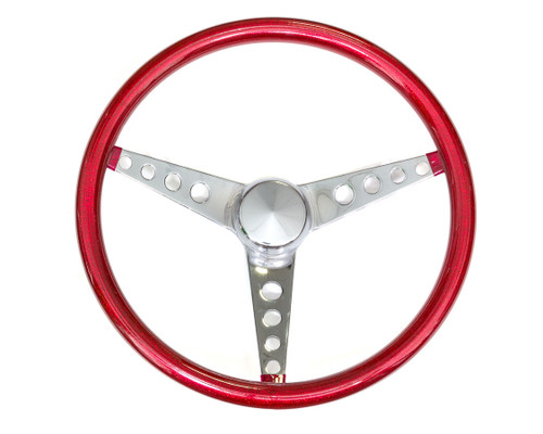Steering Wheel - Metal Flake - 15 in Diameter - 1.5 in Dish - 3-Spoke - Red Metal Flake Grip - Steel - Chrome - Each
