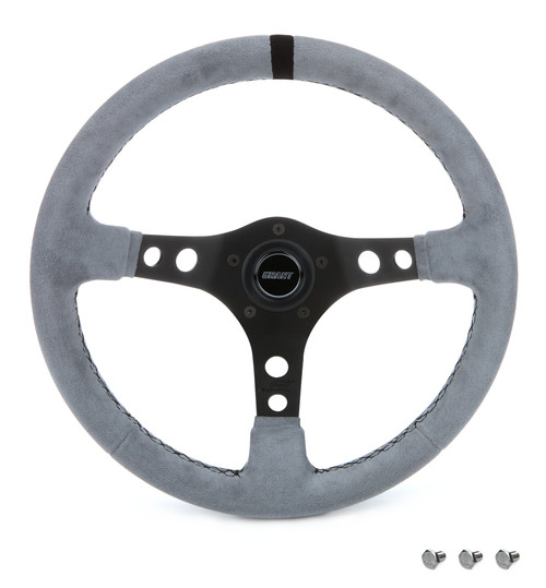 Steering Wheel - Race - 13.5 in Diameter - 3 in Dish - 3-Spoke - Gray Suede Grip - Black Stripe - Aluminum - Black Anodized - Each