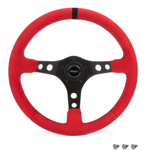 Steering Wheel - Race - 13.5 in Diameter - 3 in Dish - 3-Spoke - Red Suede Grip - Black Stripe - Aluminum - Black Anodized - Each