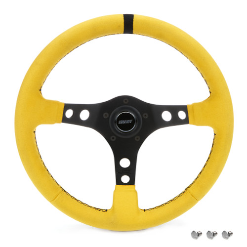Steering Wheel - Race - 13.5 in Diameter - 3 in Dish - 3-Spoke - Yellow Suede Grip - Black Stripe - Aluminum - Black Anodized - Each
