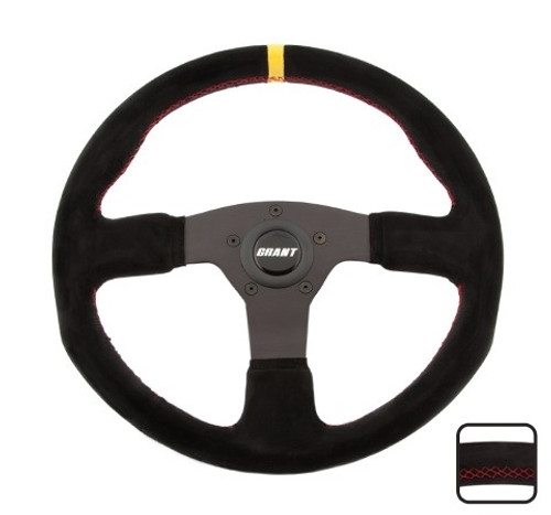 Steering Wheel - Suede Series - 13.75 in Diameter - 1 in Dish - 3-Spoke - Black Suede Grip - Yellow Stripe - Aluminum - Black Anodized - Each