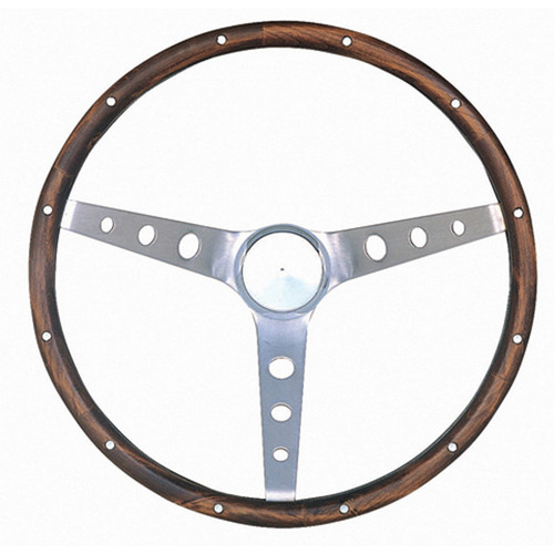 Steering Wheel - Classic Nostalgia - 13.5 in Diameter - 3.75 in Dish - 3-Spoke - Walnut - Wood Grip - Stainless - Brushed - Each