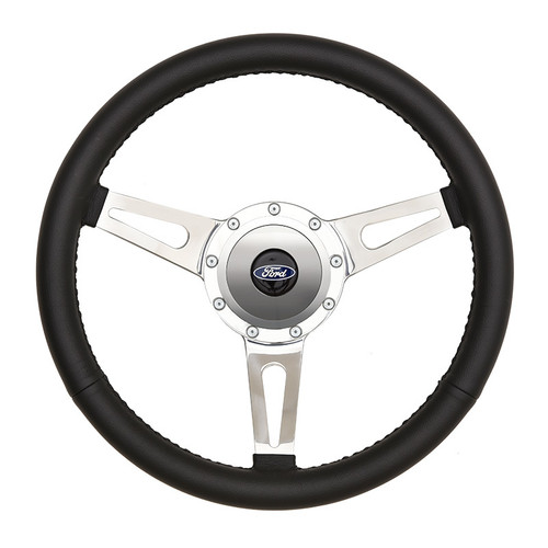 Steering Wheel - GT9 Retro - 14.75 in Diameter - 1.75 in Dish - 3-Spoke - Black Leather Grip - Aluminum - Polished - Each Steering Wheel - GT9 Retro - 14.75 in Diameter - 1.75 in Dish - 3-Spoke - Black Leather Grip - Aluminum - Polished - Each