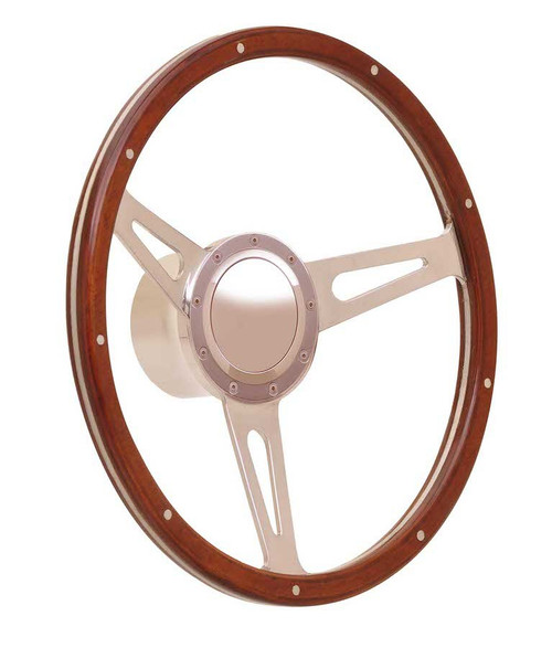 Steering Wheel - GT9 Retro - 15 in Diameter - 1.75 in Dish - 3-Spoke - Walnut - Wood Grip - Aluminum - Polished - Each