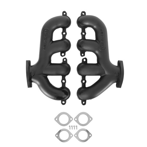 Exhaust Manifold - BlackHeart - Rear Dump - 2.5 in Outlet - Cast Iron - Black Ceramic Coated - GM LS-Series - Pair
