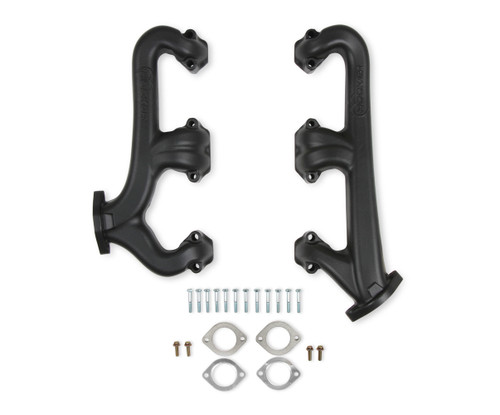 Exhaust Manifold - 2.5 in Outlet - Raised D Port - Iron - Black Ceramic - Small Block Chevy - Pair