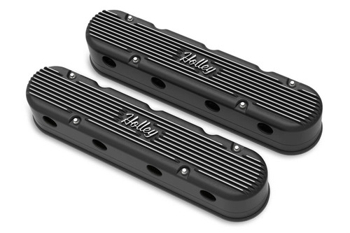Valve Cover - Vintage Series - Stock Height - Finned - Holley Logo - Hidden Coils - 2-Piece - Stainless Hardware - Cast Aluminum - Satin Black Powder Coat - GM LS-Series - Pair