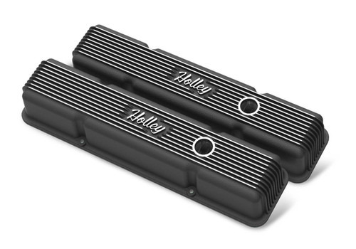 Valve Cover - Vintage Series - Tall - Finned - Breather Hole - Baffled - Holley Logo - Aluminum - Black Powder Coat - Small Block Chevy - Kit