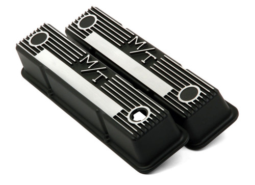 Valve Cover - M/T - Tall - Finned - M/T Logo - Aluminum - Black Wrinkle Paint - Small Block Chevy - Pair