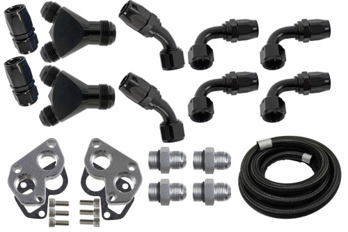 Water Pump Plumbing Kit - Water Pump Spacer / Gaskets / Nylon Braided Hose / Fittings / Hardware Included - 12 AN Ports - 16 AN Male Inlet and Outlet - Aluminum - Clear Anodized - GM LS-Series - Kit