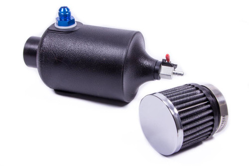 Breather Tank - Bolt-On - 4 in Diameter x 12 in Tall - 1 qt - 8 AN Male Inlet - Ball Valve Drain - Breather Included - Plastic - Black - Each