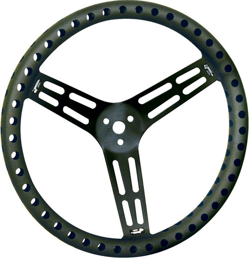 Steering Wheel - Lightweight - 15 in Diameter - 2.5 in Dish - 3-Spoke - Drilled / Shot Peened Grip - Aluminum - Black Anodized - Each Steering Wheel - Lightweight - 15 in Diameter - 2.5 in Dish - 3-Spoke - Drilled / Shot Peened Grip - Aluminum - Black Anodized - Each