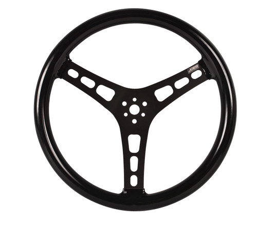 Steering Wheel - Lightweight - 15 in Diameter - Flat - 3-Spoke - Black Rubber Grip - Aluminum - Black Anodized - Each Steering Wheel - Lightweight - 15 in Diameter - Flat - 3-Spoke - Black Rubber Grip - Aluminum - Black Anodized - Each