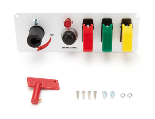 Switch Panel - Dash Mount - 8.5 x 2.5 in - 1 Momentary Button / 3 Toggles / 1 Rotary Switch - Indicator Lights - Silver - Each
