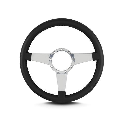 Steering Wheel - Mark 4 - 14 in Diameter - 1.5 in Dish - 3-Spoke - Black Leather Grip - Stainless - Polished - Each