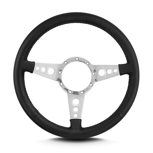 Steering Wheel - Trans-Am - 14 in Diameter - 1.5 in Dish - 3-Spoke - Black Leather Grip - Stainless - Polished - Each