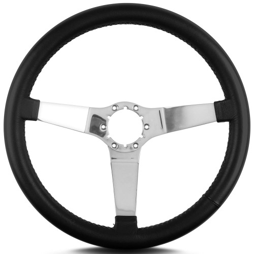 Steering Wheel - Vette 3 - 14 in Diameter - 1.5 in Dish - 3-Spoke - Black Leather Grip - Stainless - Polished - Each