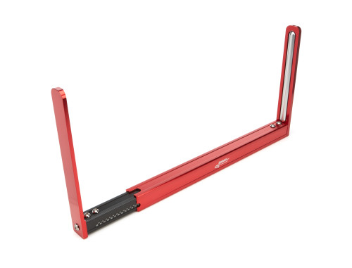 Stagger Gauge - Measures 62 in to 110 in - 1/8 in Increments - Square Tube Design - Roller - 3/8 in Thick Billet Arms - Aluminum - Red Anodized - Each Stagger Gauge - Measures 62 in to 110 in - 1/8 in Increments - Square Tube Design - Roller - 3/8 in Thick Billet Arms - Aluminum - Red Anodized - Each