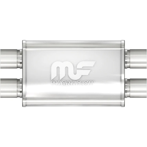 Muffler - Dual 2.5 in Inlets - Dual 2.5 in Outlets - 14 x 9 x 4 in Oval Body - 20 in Long - Stainless - Natural - Universal - Each Muffler - Dual 2.5 in Inlets - Dual 2.5 in Outlets - 14 x 9 x 4 in Oval Body - 20 in Long - Stainless - Natural - Universal - Each